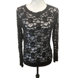 Lace Top Long Sleeve See Through Blouse Elegant Black‎ Floral Size M